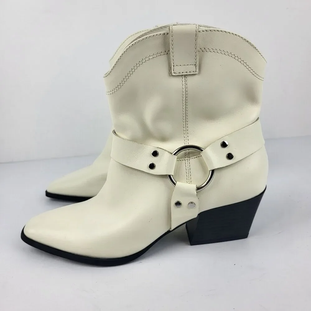 Open Edit Enzo Women's Leather Ankle Boot Ivory Western Bootie Size 8M